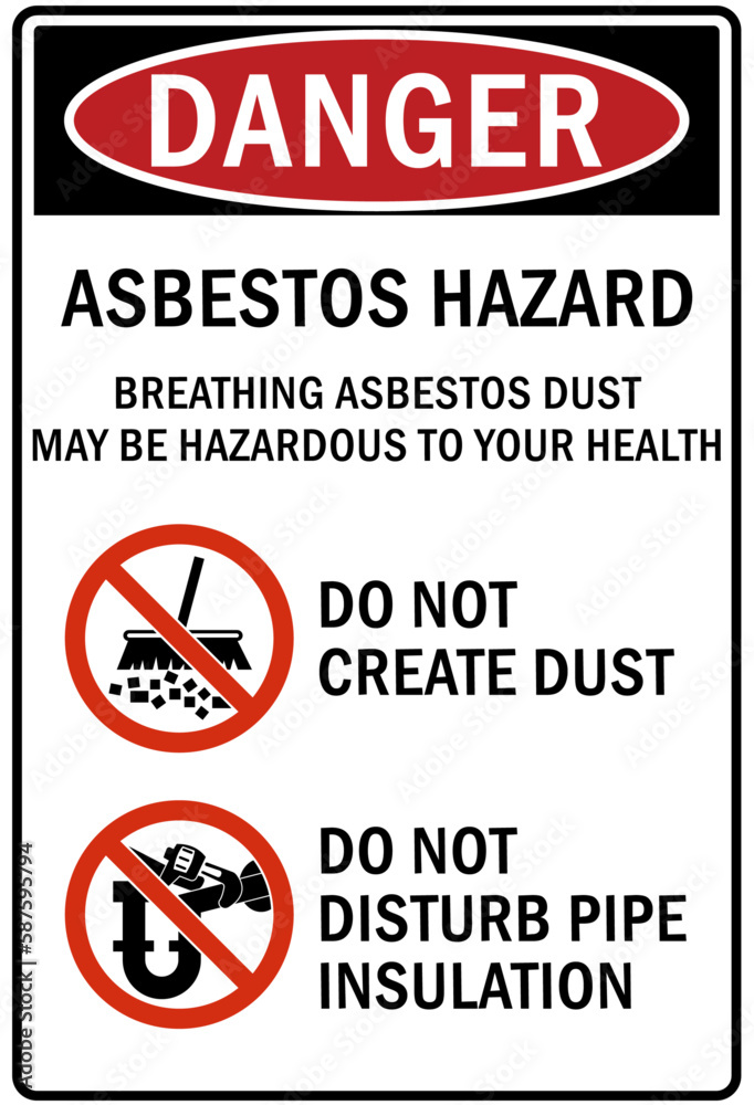 Asbestos chemical hazard sign and labels breathing asbestos dust may be