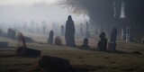 Grim reaper slowly walks through foggy cemetery grounds past gravestones patiently awaiting for souls, angel of death in black torn robes - generative AI