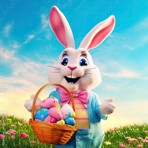 Cute easter bunny smiling surrounded by easter eggs  cartoon style. Generative AI