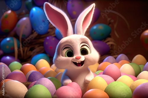 Cute easter bunny smiling surrounded by easter eggs, cartoon style. Generative AI photo