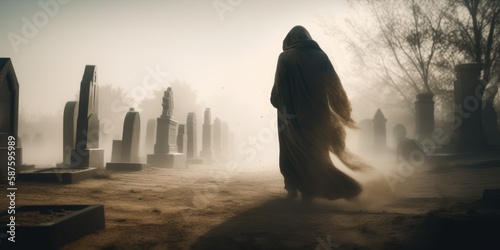 Grim reaper slowly walks through foggy cemetery grounds past gravestones patiently awaiting for souls, angel of death in black torn robes - generative AI