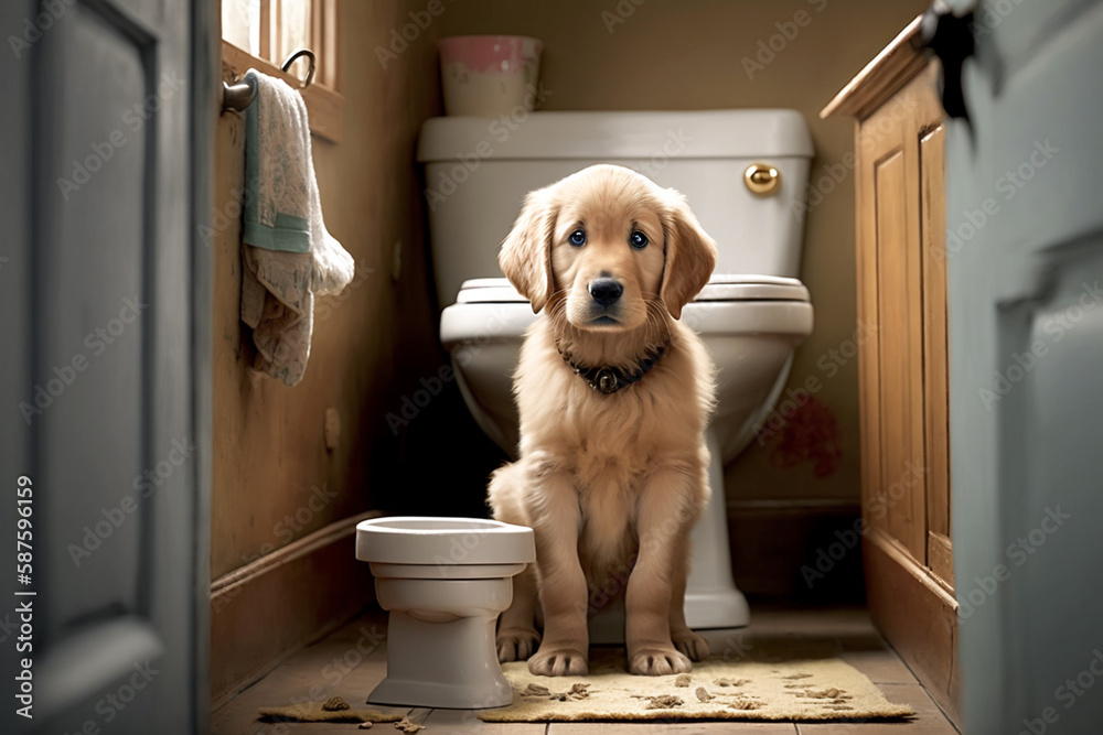 Concept of stressful dog in toilet being toilet trained. Created with