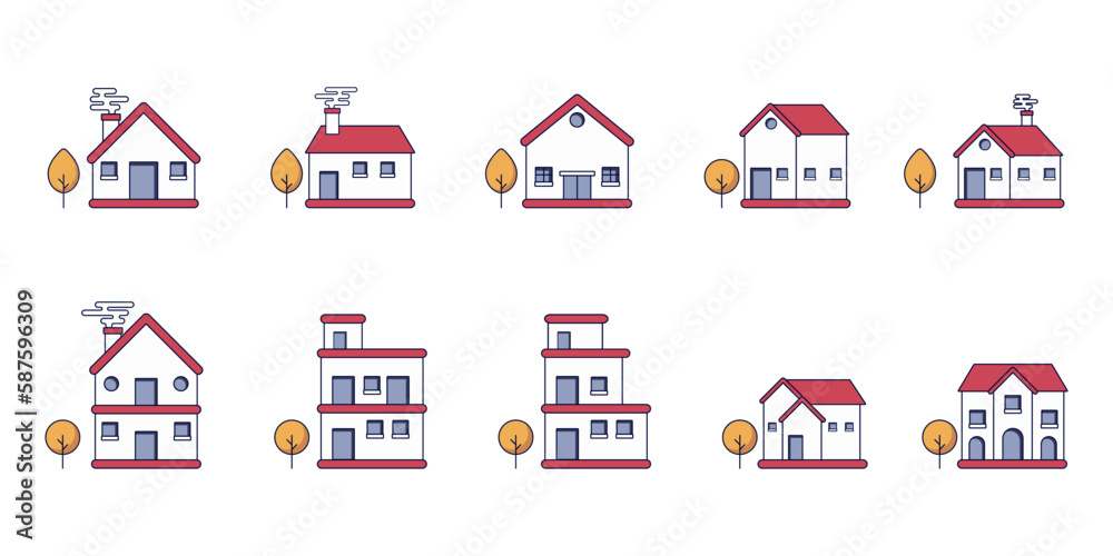 Set of Real estate business concept with houses, Set of urban and suburban houses Vector illustration