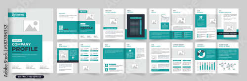 Creative company presentation magazine and booklet design with photo placeholders. Business annual report and proposal layout template with dark aqua and black colors. Corporate business portfolio.