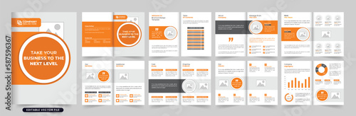 Business profile presentation stationery template vector with orange and dark colors. Modern company portfolio and annual report design with photo placeholders. Corporate magazine and booklet vector.