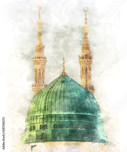 watercolor painting of a green mosque with a green dome, medina.