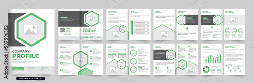 Modern company portfolio template vector with geometric shapes. Business proposal magazine template design with green and dark colors. Corporate business profile booklet and presentation layout vector