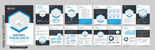 Modern business proposal magazine template vector with dark and blue colors. Company portfolio and highlights booklet design with photo placeholders. Corporate profile stationery layout vector.