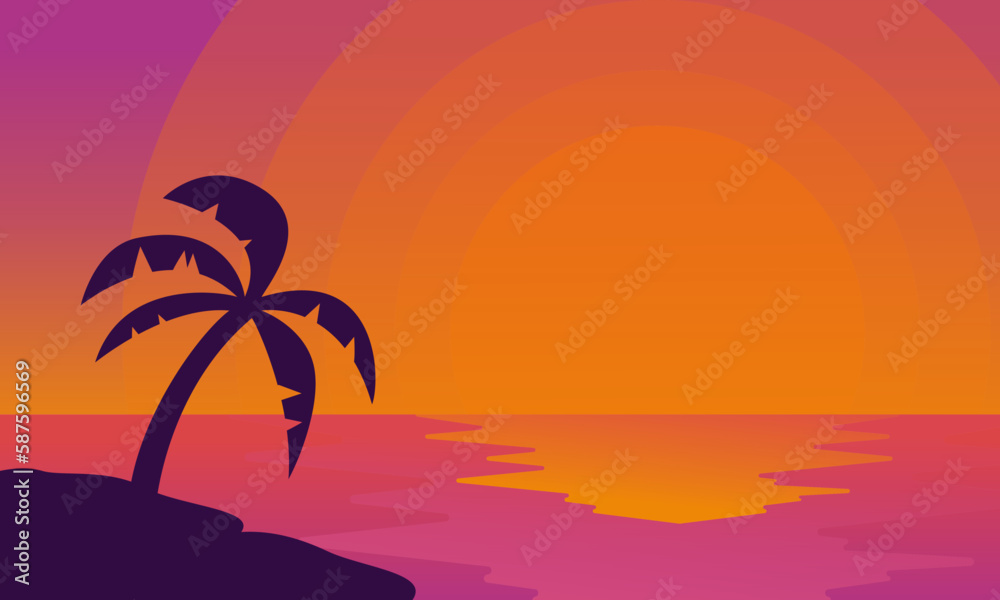 Sunset or sunrise Panoramic beach view vector illustration, sea beach and sun, ocean sunrise, palms