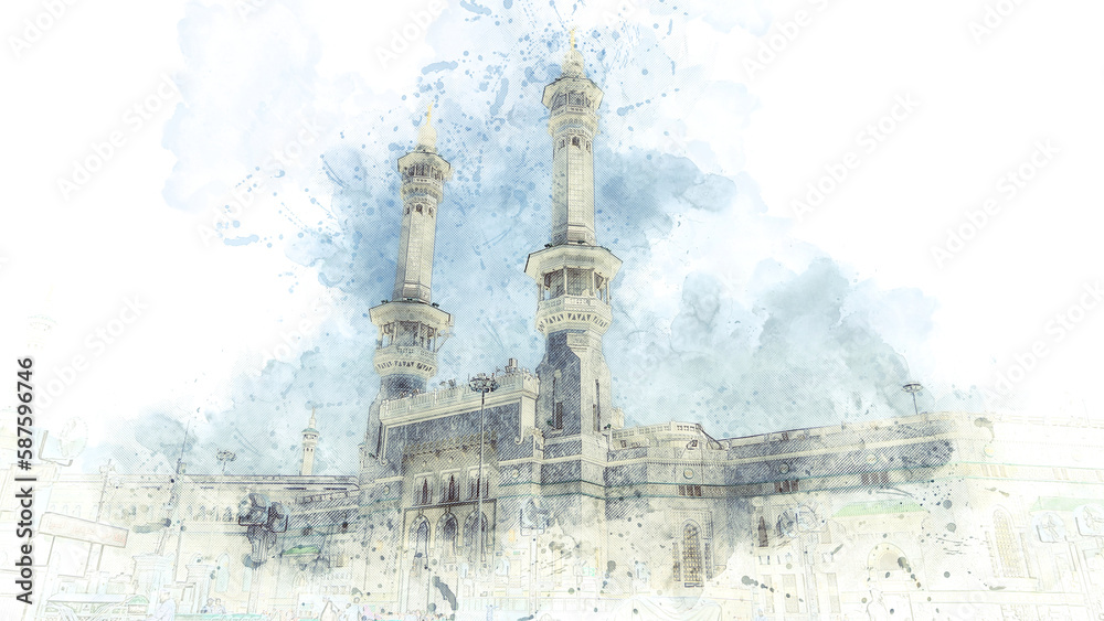 ภาพประกอบสต็อก A watercolor painting of a gate of masjid al haram in