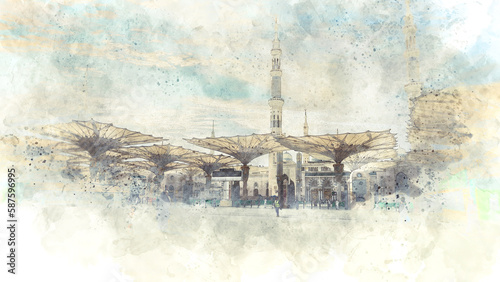 A watercolor painting of nabawi mosque in madinah, saudi arabia. photo