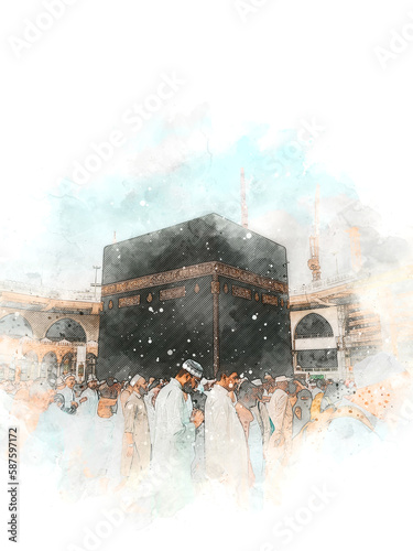 watercolor painting of prayers does hajj at Kabah, mecca. photo
