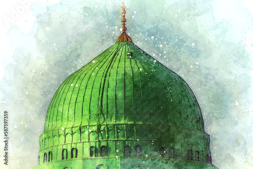 Watercolor painting of the green dome of the Nabawi mosque, Medina.