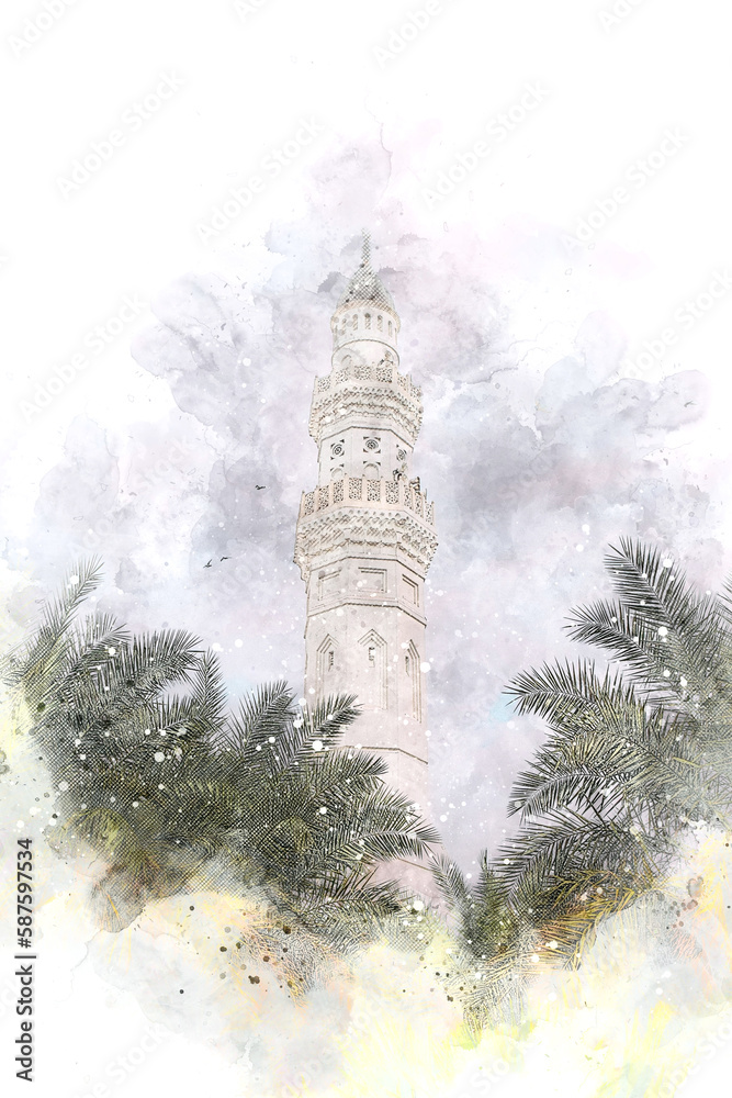 Fototapeta premium watercolor painting of minaret of quba mosque, madina.