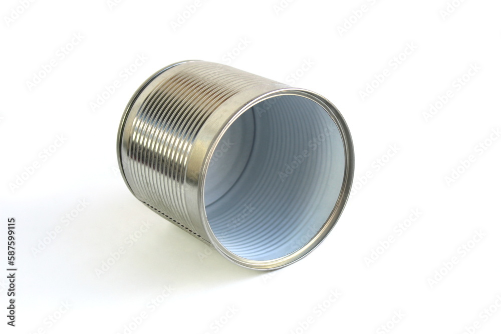 An empty aluminum can is on a white background.