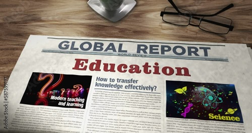 Education knowledge school teach and learn daily newspaper on table. Headlines news abstract concept 3d. photo