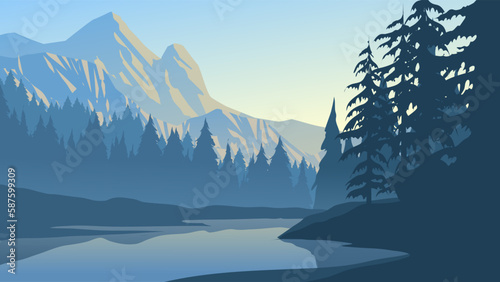 Beautiful mountain forest in foggy morning. Vector nature landscape