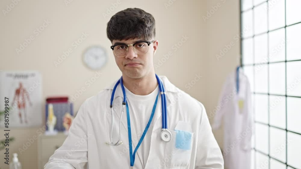 Young hispanic man doctor standing with serious expression saying no with finger at clinic Young hispanic man doctor standing with serious expression saying no with finger at clinic