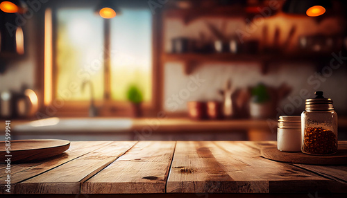 Rustic Farmhouse Kitchen - Empty Wooden Table with Out-of-Focus Lights Bokeh (Generative AI)