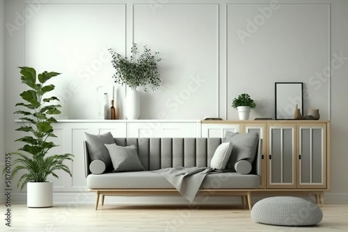 Interior of modern living room with grey sofa and house plant © shehbaz