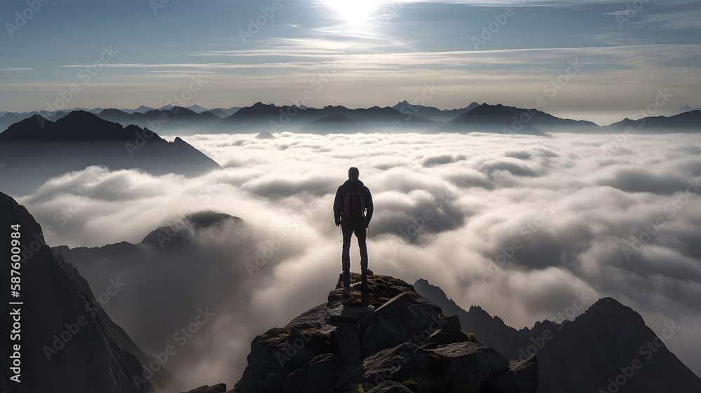 Person standing above clouds on mountain top, gazing at the sea of fog and rising above the world. - obrazy, fototapety, plakaty 