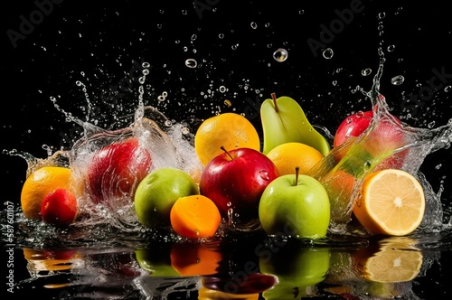 The image of the fruit combines bright colors splashed in the water. AI-generated images