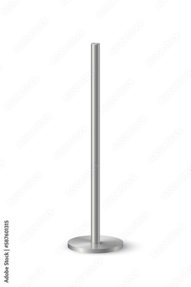 3d metal pole signpost on base vector illustration. Realistic grey steel, iron or chrome pillar with polished surface, vertical different diameter cylinder pipe holders for board or flag 3d metal pole signpost on base vector illustration. Realistic grey steel, iron or chrome pillar with polished surface, vertical different diameter cylinder pipe holders for board or flag