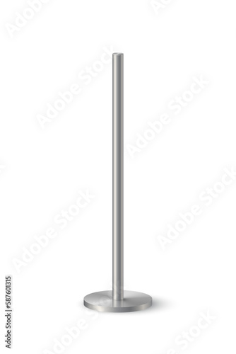 3d metal pole signpost on base vector illustration. Realistic grey steel, iron or chrome pillar with polished surface, vertical different diameter cylinder pipe holders for board or flag