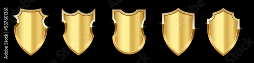 Gold shield set, realistic isolated golden trophy, 3d luxury safety protection emblems on black background