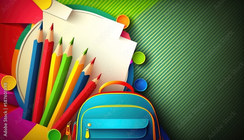 Fototapeta premium Back to school with school items and elements, Online Learning, study from home, back to school, flat design.