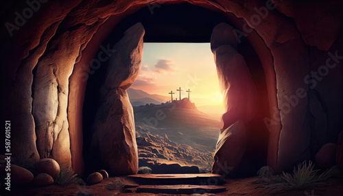 Empty tomb of Jesus Christ. Crucifixions in the rays of the sun. Generative AI