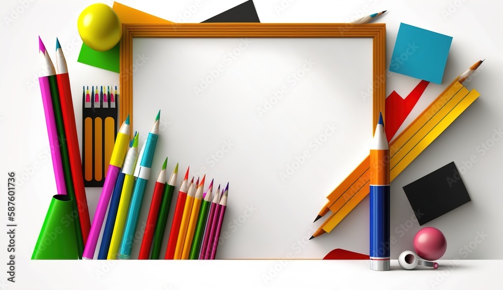 Fototapeta premium Back to school with school items and elements, Online Learning, study from home, back to school, flat design.