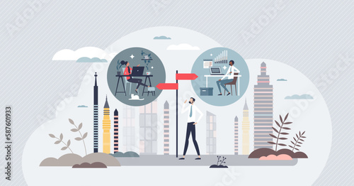 Hybrid work policy as flexible location in office or home tiny person concept. Business with split time for employee workspace vector illustration. Company manager with urban environment or WFH.
