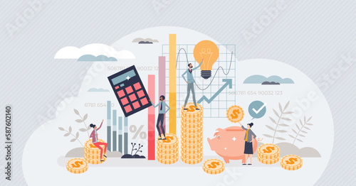Financial literacy and money or investment management tiny person concept. Budget planning and spending knowledge with ability to save finances vector illustration. Salary and payment accounting.