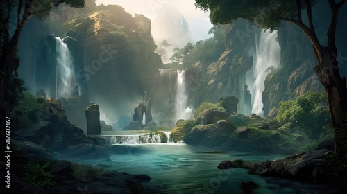 A fantastic scene with wild waterfalls in a dense jungle. A mysterious world where the atmosphere of adventure and wild nature reigns. Generative AI