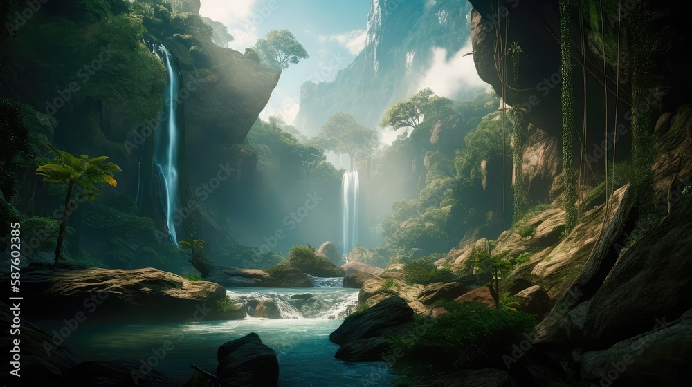 A fantastic scene with wild waterfalls in a dense jungle. A mysterious world where the atmosphere of adventure and wild nature reigns. Generative AI