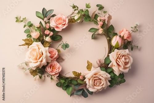 Roses flowers and leaf wreath round circle background illustration with Generative AI © YandiDesigns