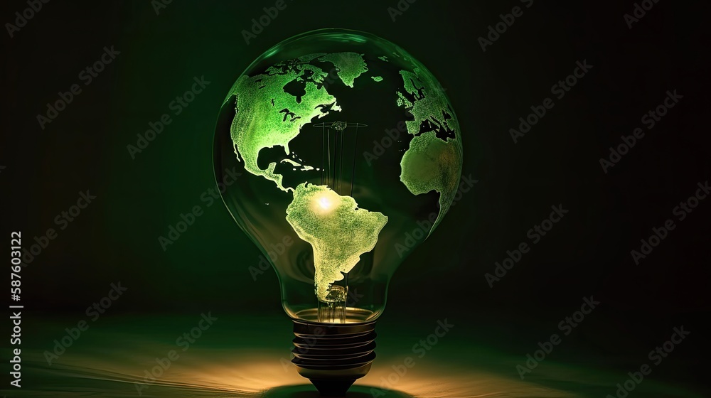 Green world map on a light bulb. Generative AI Green world map on a light bulb. Generative AI