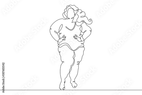 One continuous line.Fat woman on the street. Obese person. Fat girl. Obesity. Large woman. One continuous line drawn isolated, white background.