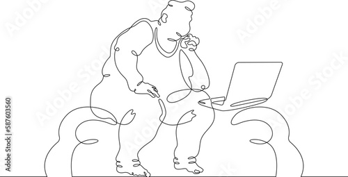 One continuous line. Fat man with a computer. Male character is looking at laptop. Obesity and unhealthy lifestyle. One continuous line drawn isolated, white background.
