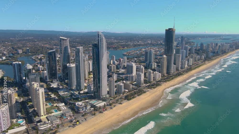 Aerial drone view of the iconic Gold Coast Beach at Surfers Paradise on the Gold Coast of Queensland, Australia on a sunny day 