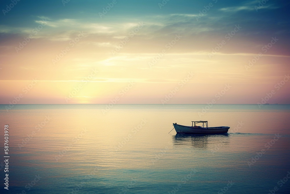 A Small Fishing Boat Silhouetted Against a Soft, Sunlit Sky on a Calm Sea during Daytime, Generative AI