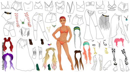 Festival Outfit Coloring Page Paper Doll with Clothes, Hairstyles and Accessories. Vector Illustration