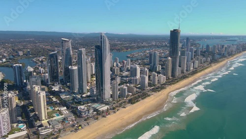 Aerial drone view of the iconic Gold Coast Beach at Surfers Paradise on the Gold Coast of Queensland, Australia on a sunny day 