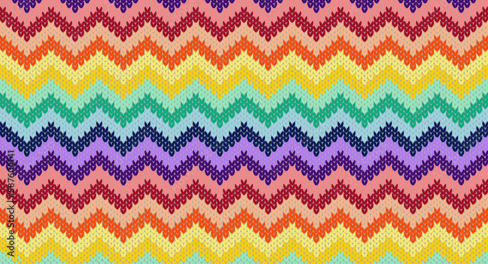 Rainbow zigzag knitting pattern, Festive Sweater Design. Seamless Knitted Pattern