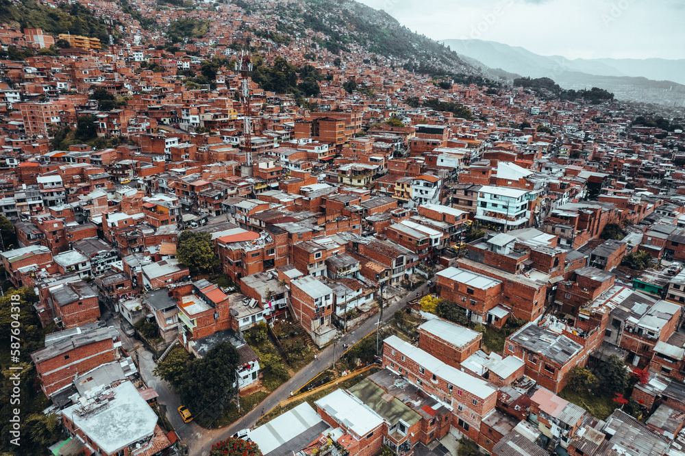 Aerial Drone photo of comuna neighbourhood in Medellin, Colombia 