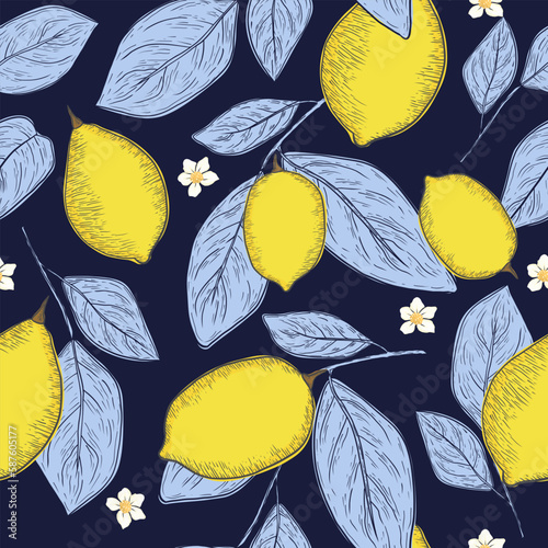 tropical yellow lemon seamless pattern. hand drawn sketch illustration.