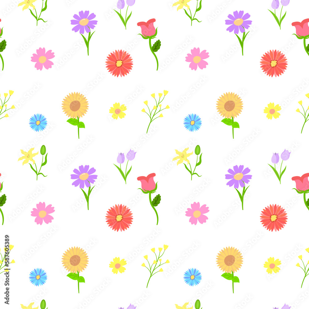 A seamless pattern with colorful flowers on a white background.