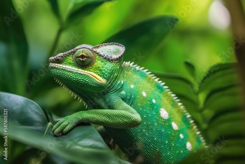 green colored chameleon on a branch of a tree  generative ai