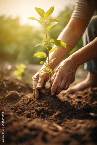 Hands planting tree in community garden. Generative AI